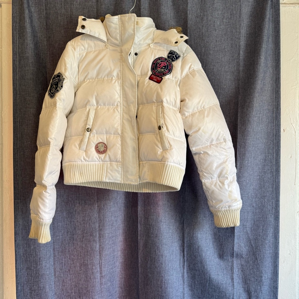 Vintage Y2K Women's Jacket LG PINK‎ Puffy Hooded Down Puffer Crop Road Trip Vv14